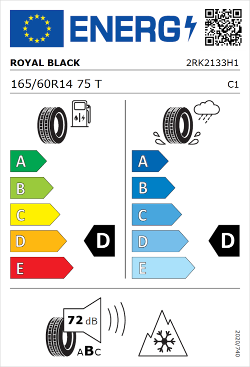 Tyre Label for Royal Black Winter 165/60R14 75T
