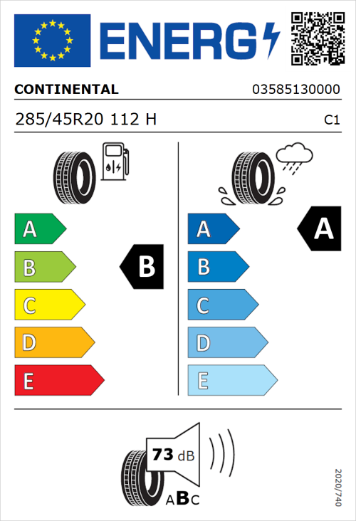 Tyre Label for Continental PremiumContact 6 285/45R20 112H
